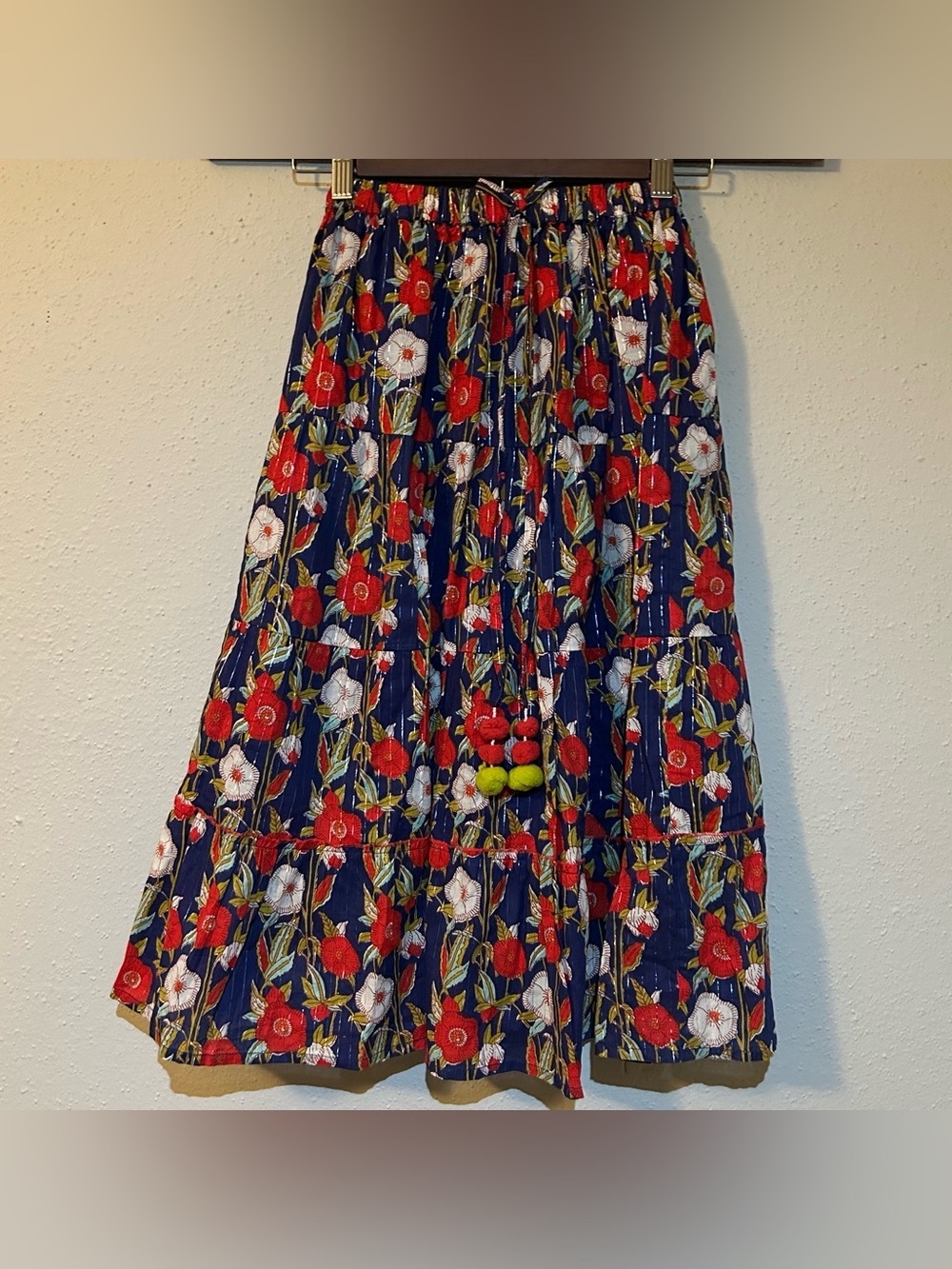 Girls Boho Tiered Maxi Skirt Navy Floral, Pom-Pom Ties, Size 6Y